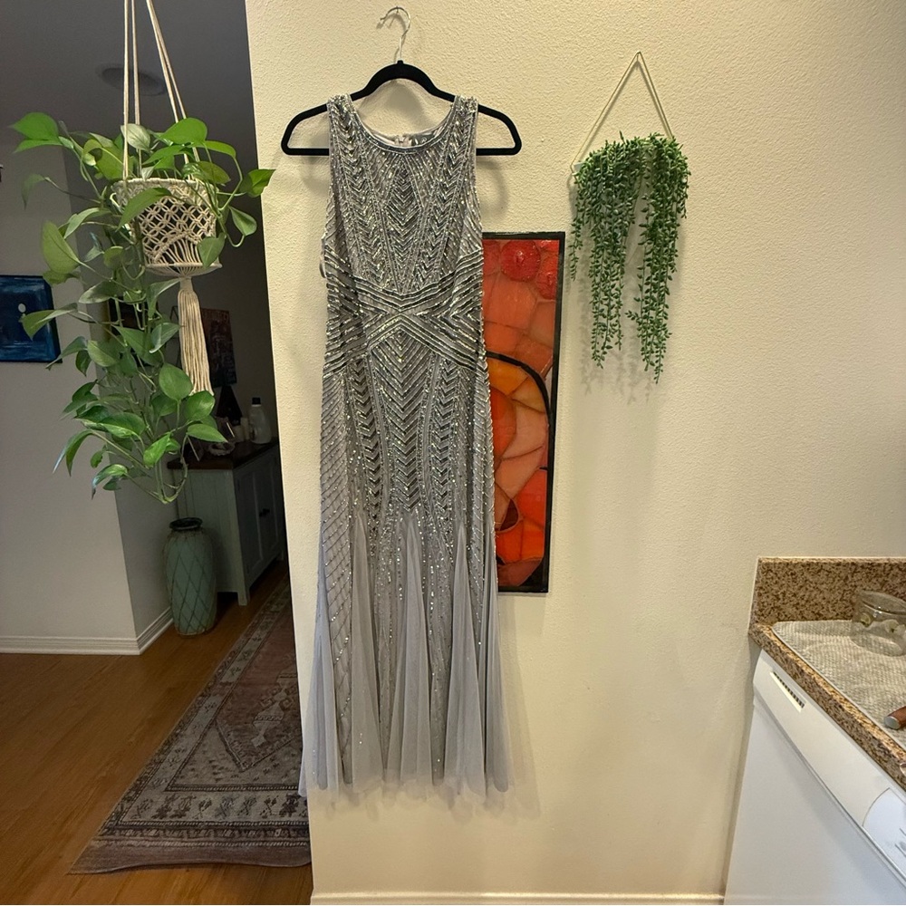 Adrianna Papell Silver Sequin mermaid gown